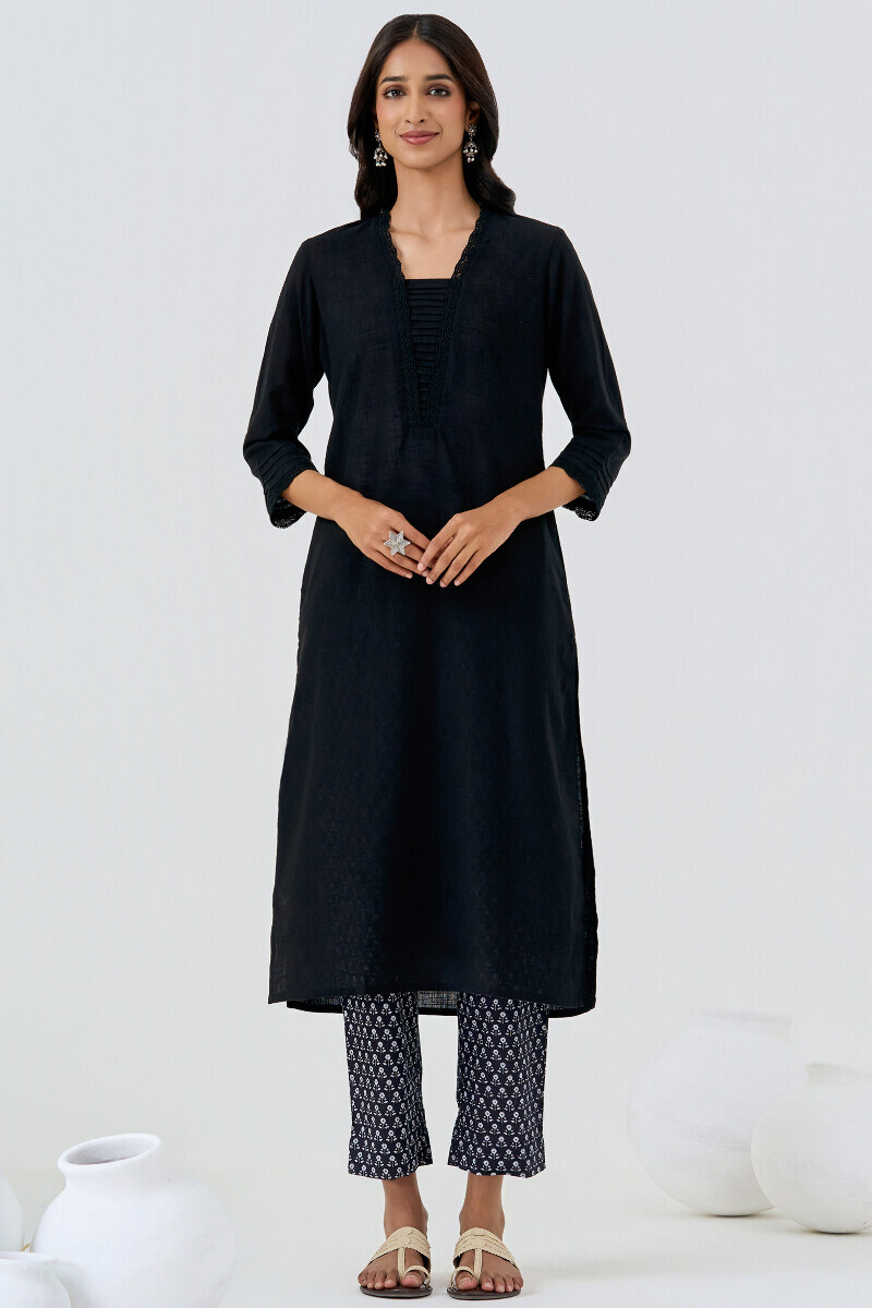 Black Handcrafted Straight Gauze Slub Kurta