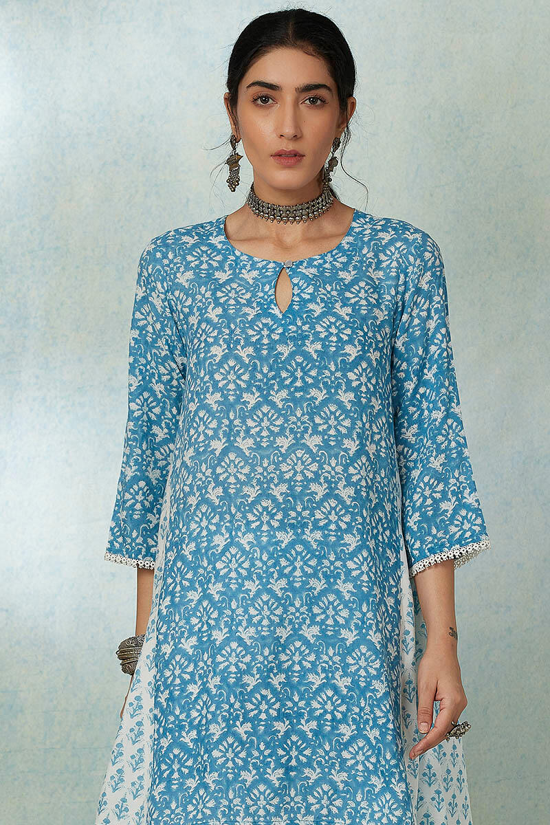 Blue Block Printed A-line Cotton Short Kurta