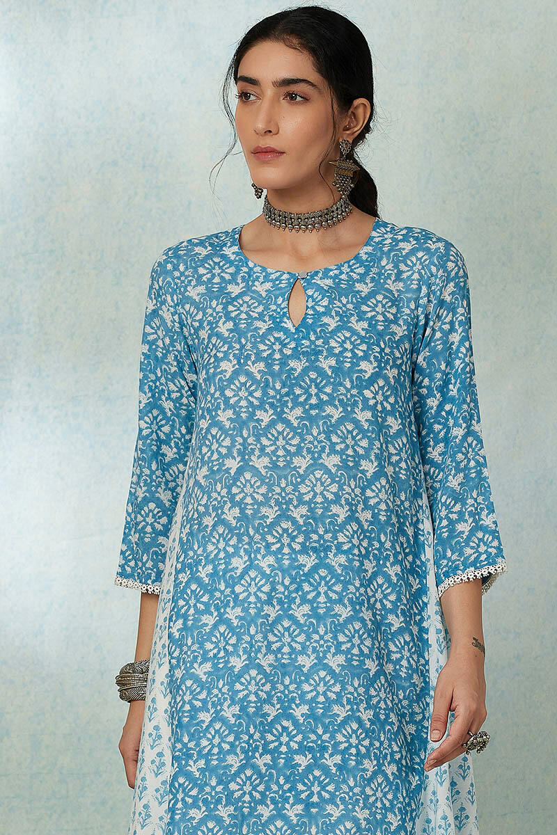 Blue Block Printed A-line Cotton Short Kurta