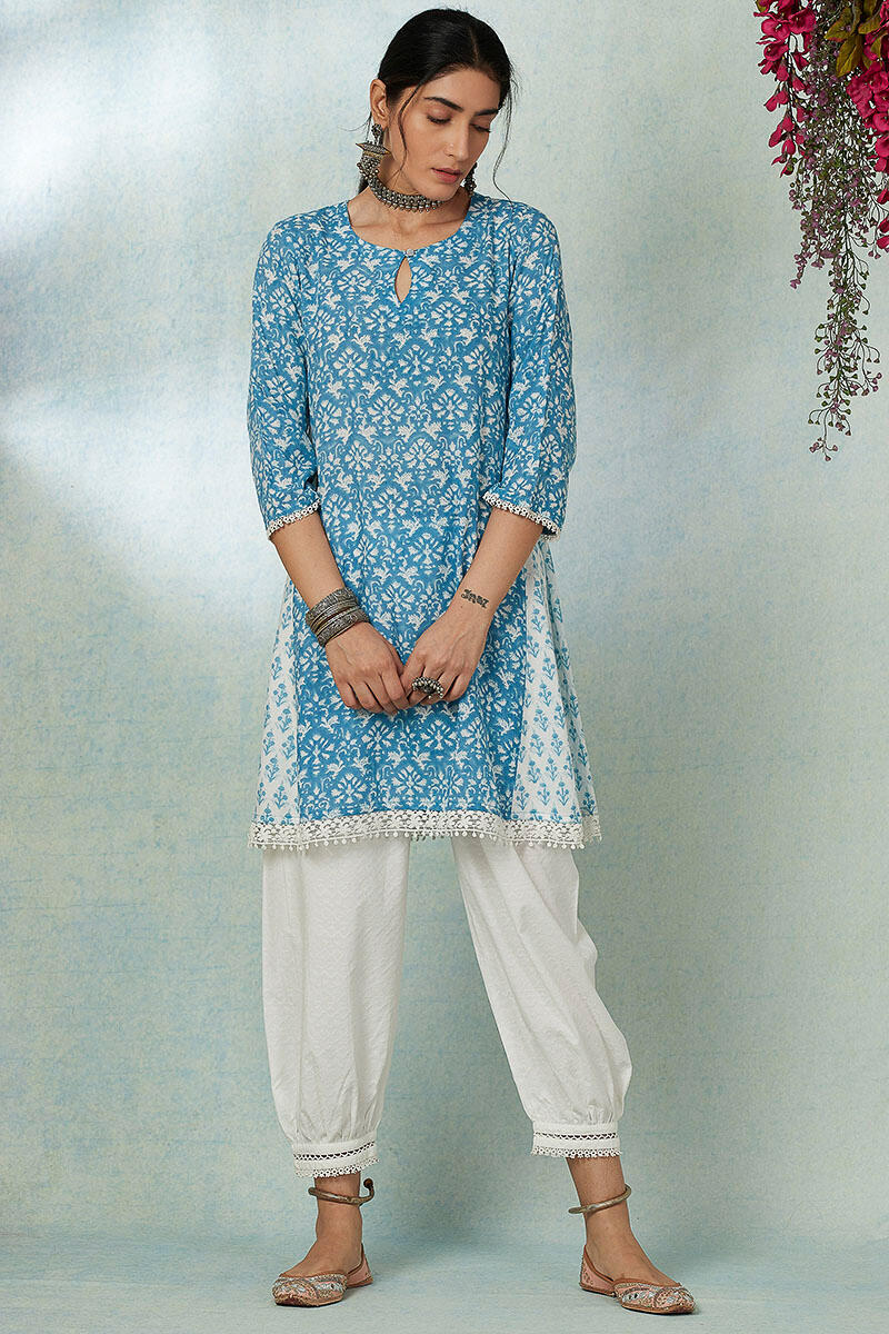 Blue Block Printed A-line Cotton Short Kurta