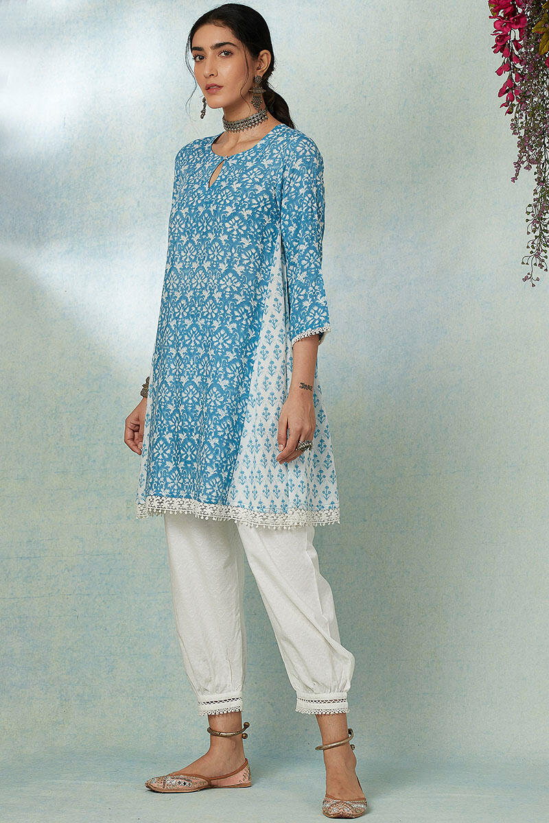 Blue Block Printed A-line Cotton Short Kurta