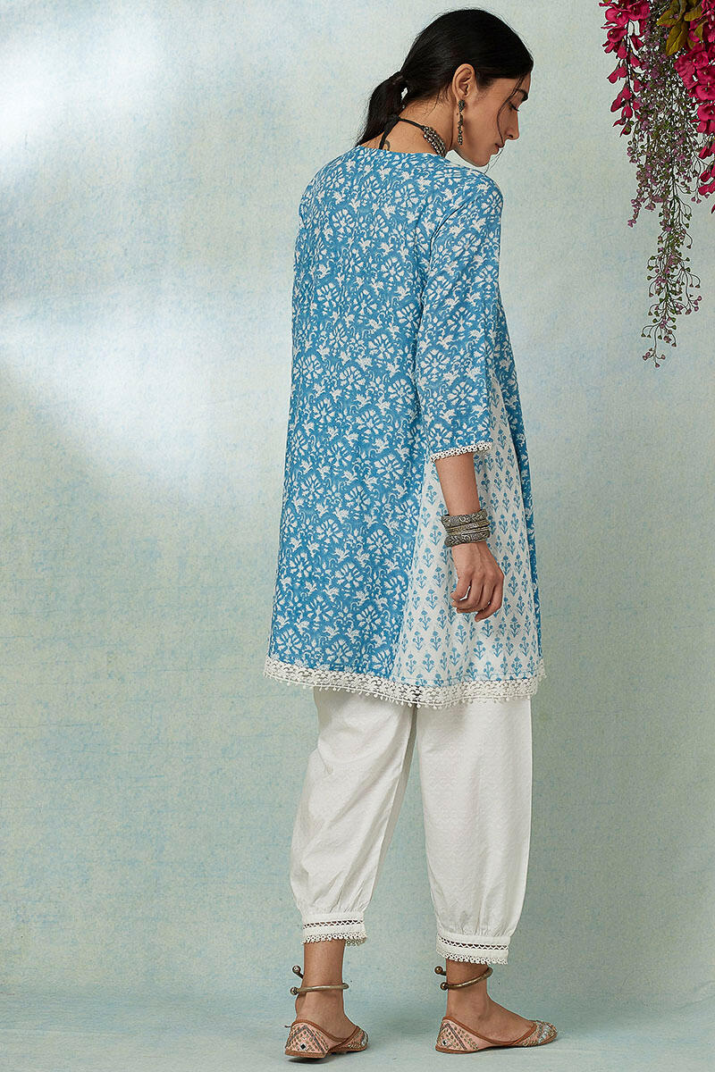 Blue Block Printed A-line Cotton Short Kurta