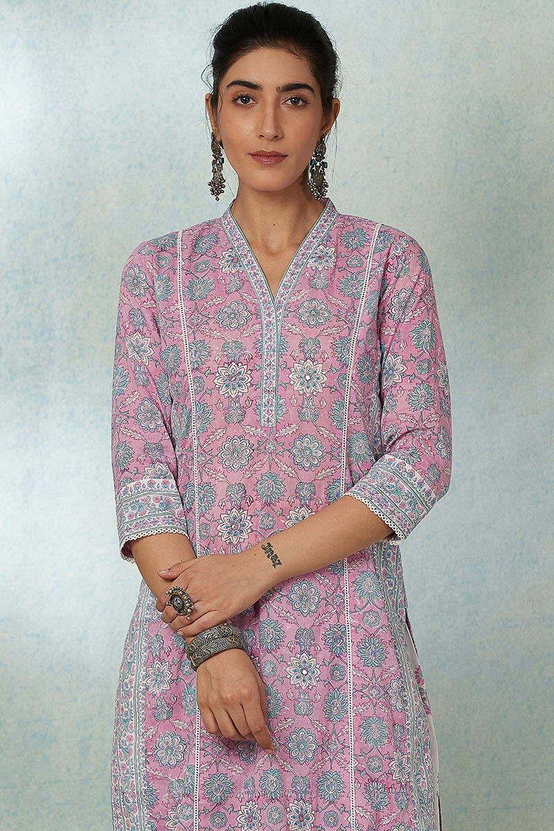 Purple Block Printed Straight Cotton Kurta