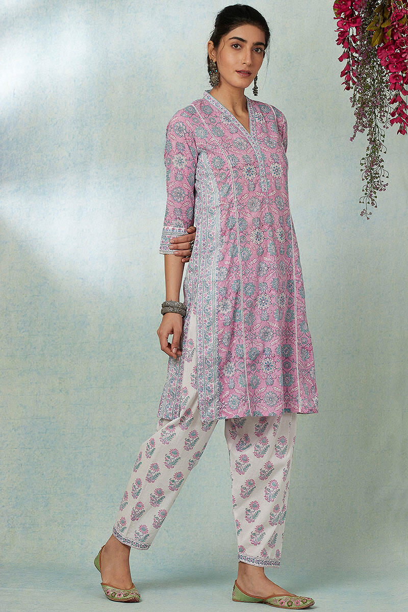 Purple Block Printed Straight Cotton Kurta