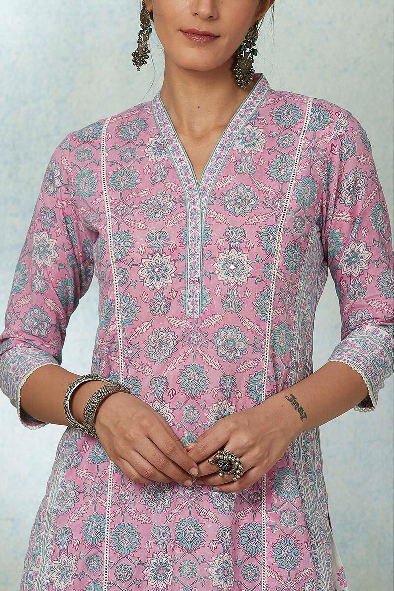 Purple Block Printed Straight Cotton Kurta