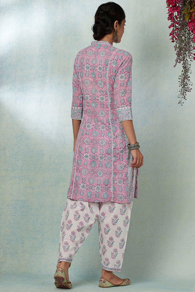 Purple Block Printed Straight Cotton Kurta