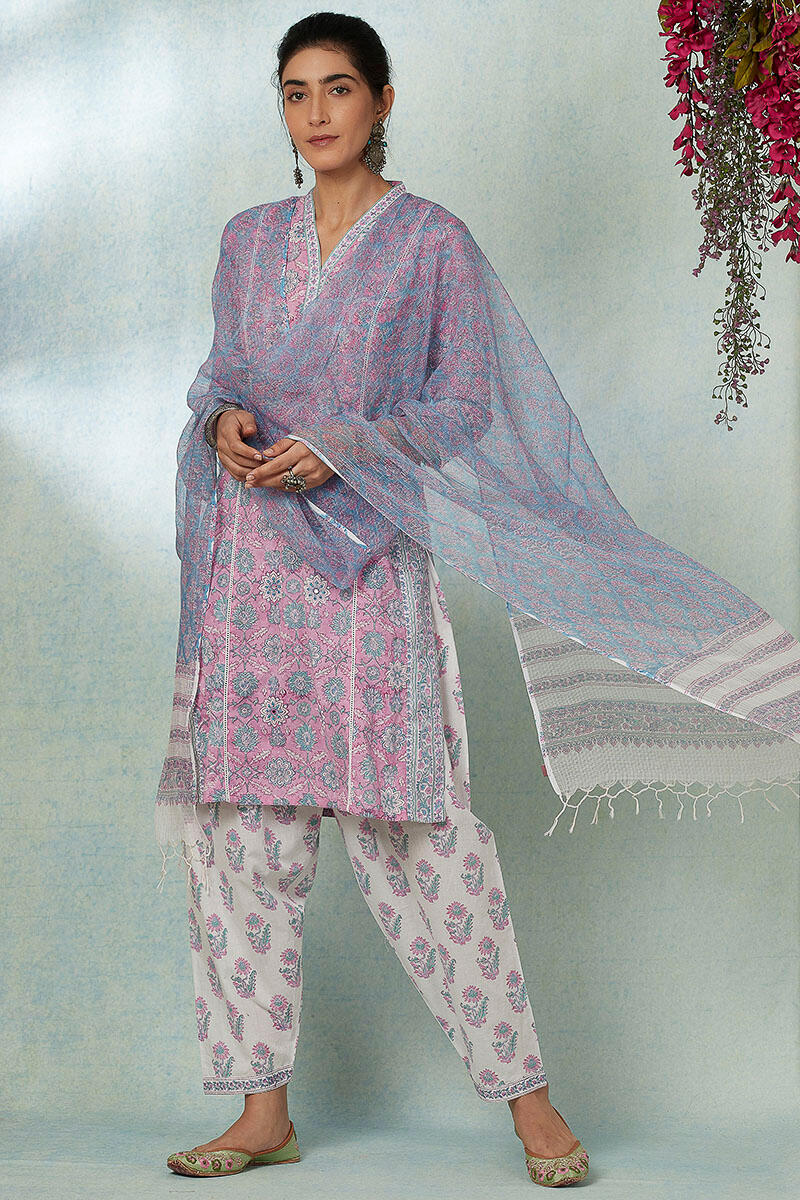 Purple Block Printed Straight Cotton Kurta