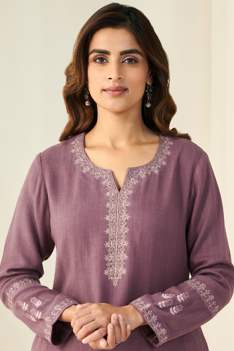 Purple Handcrafted Straight Faux Wool Kurta