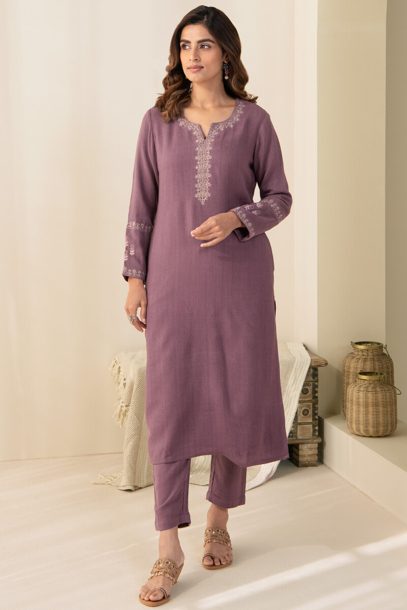 Purple Handcrafted Straight Faux Wool Kurta