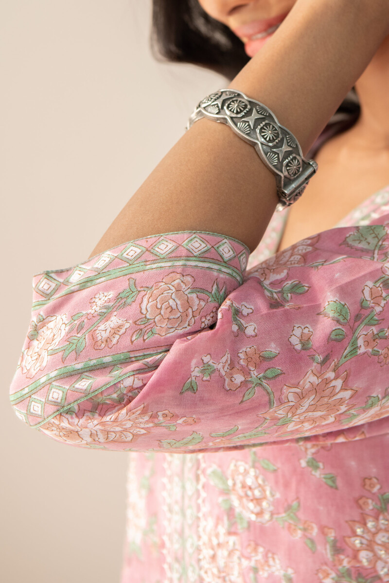 Pink Hand Block Printed Straight Cotton Kurta