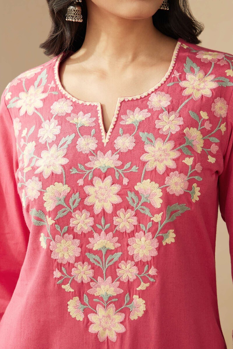 Pink Handcrafted Straight Cotton Flax Kurta