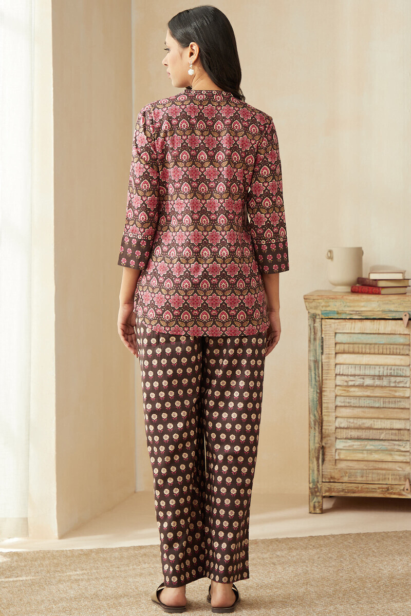 Brown Hand Printed Cotton Loungewear Set