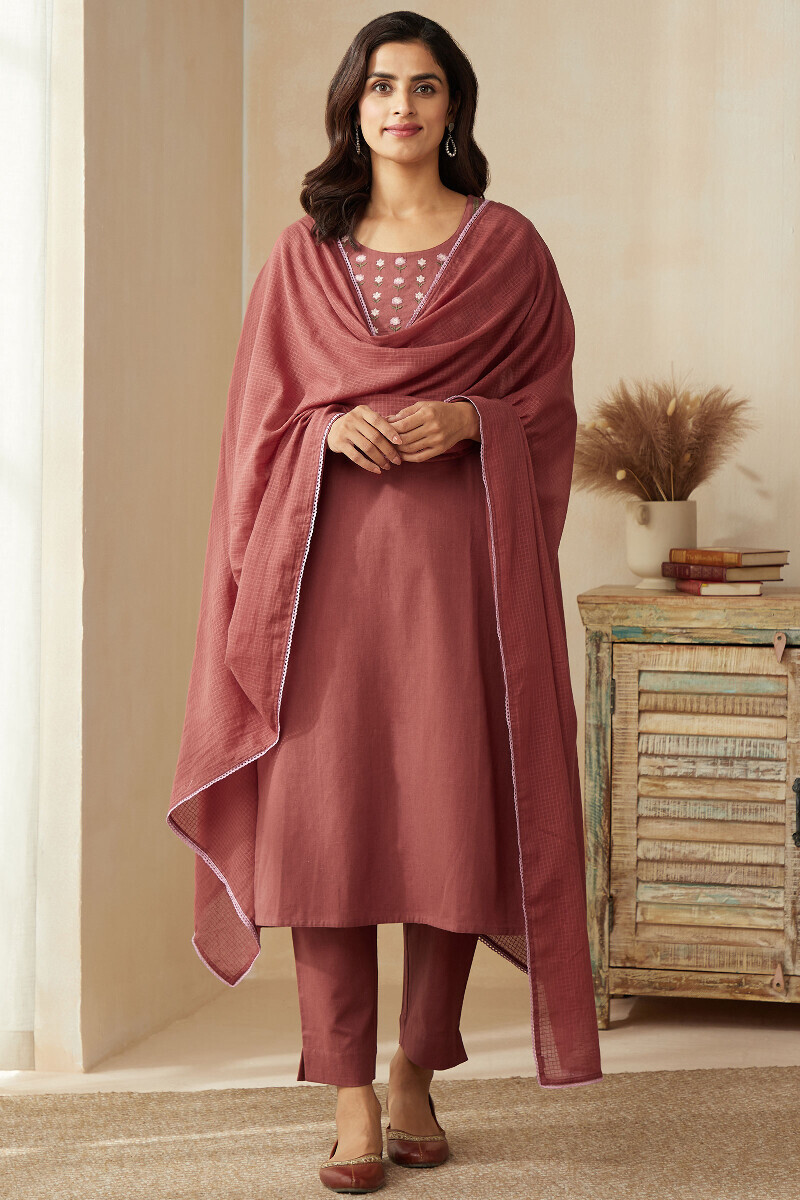 Dusky Red Handcrafted Straight Cotton Flax Kurta