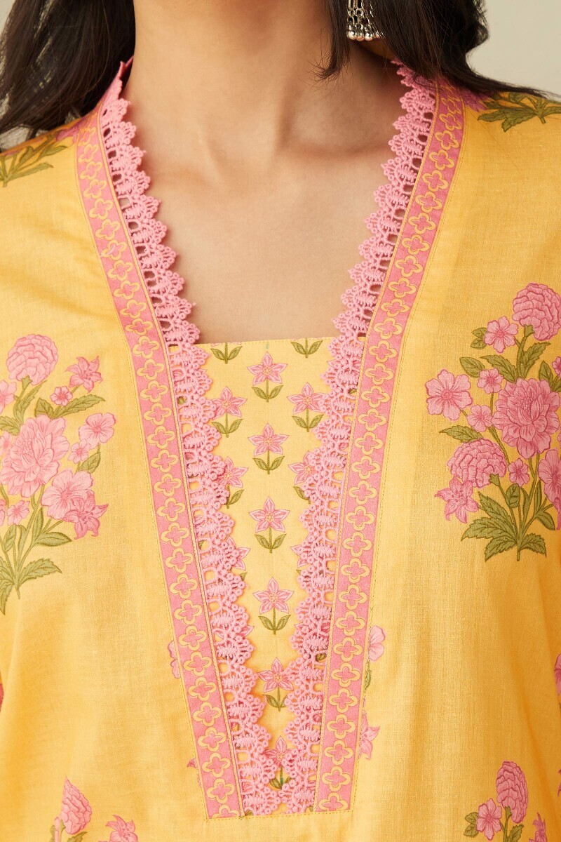 Yellow Printed Straight Cotton Kurta