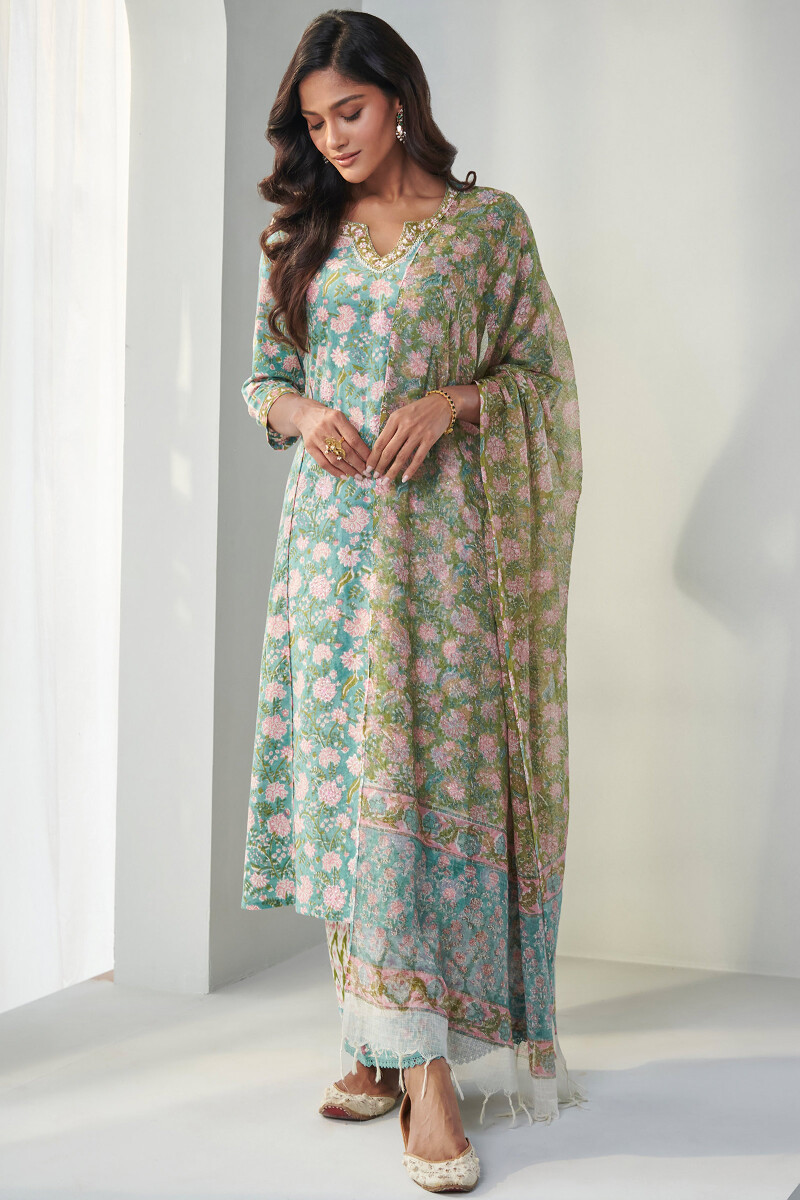 Green Hand Block Printed Kota Dupatta