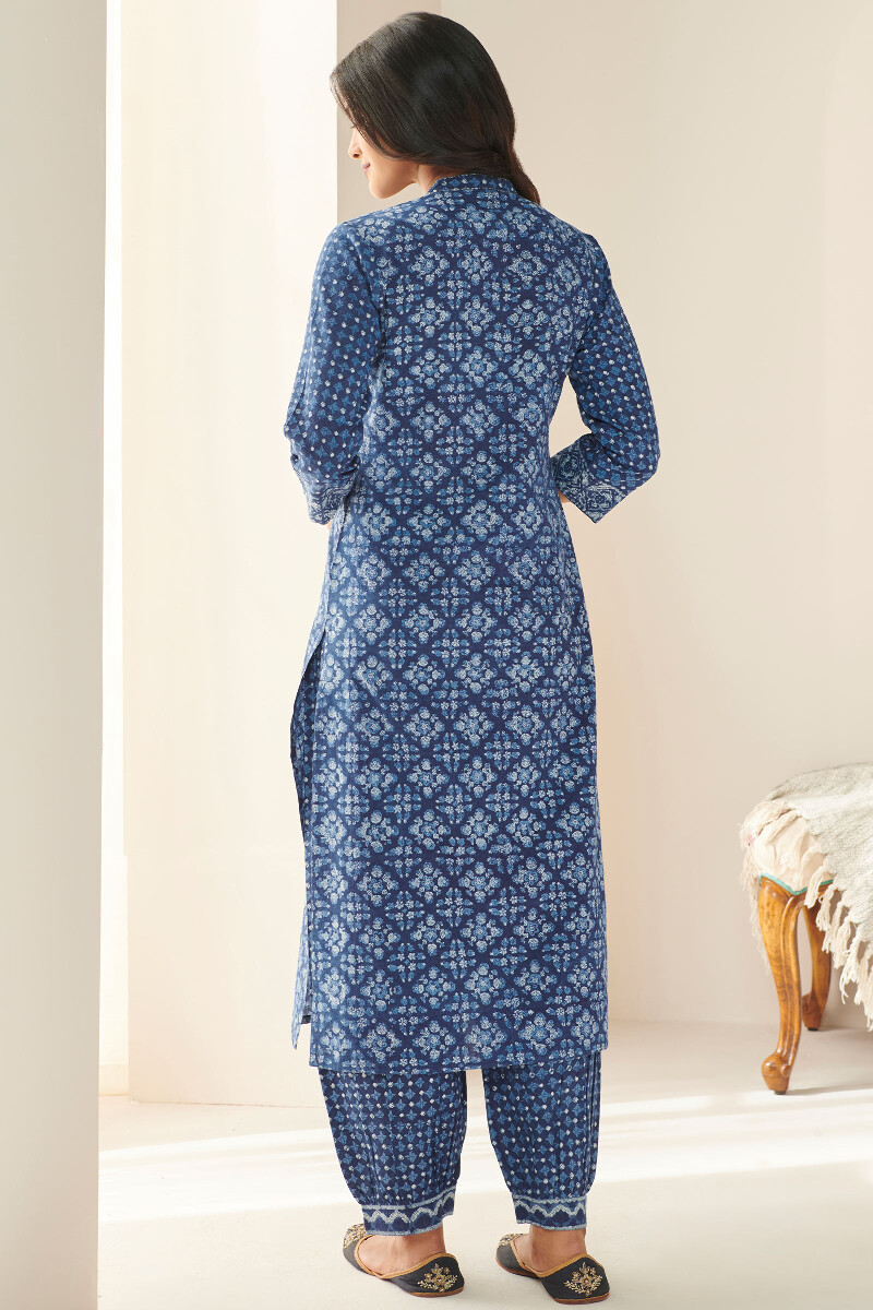 Indigo Hand Block Printed Straight Cotton Slub Kurta