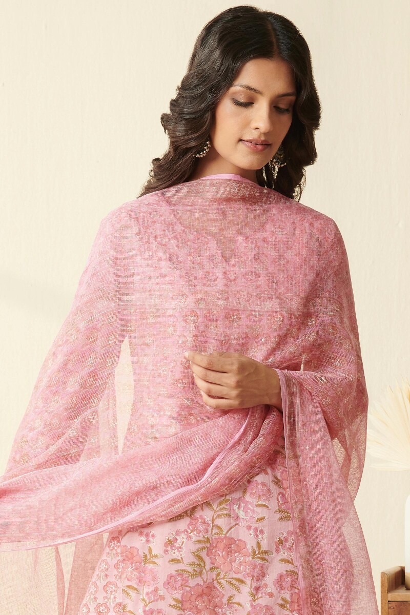 Pink Hand Block Printed Kota Dupatta