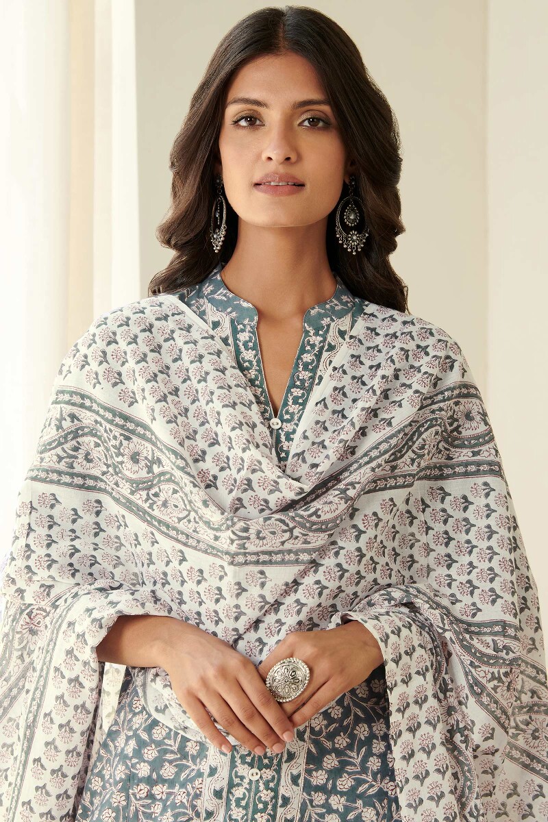 White Hand Block Printed Cotton Mul Dupatta