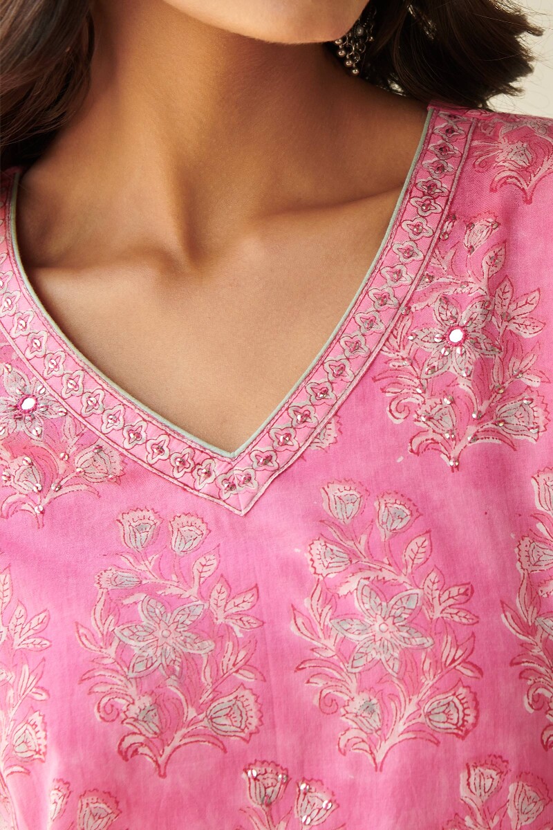 Pink Hand Block Printed Straight Cotton Kurta