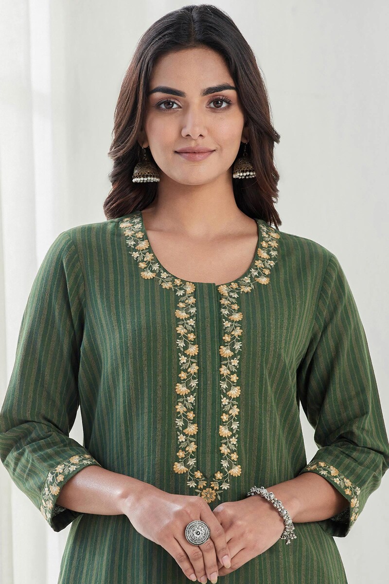 Green Handcrafted Straight Handloom Kurta