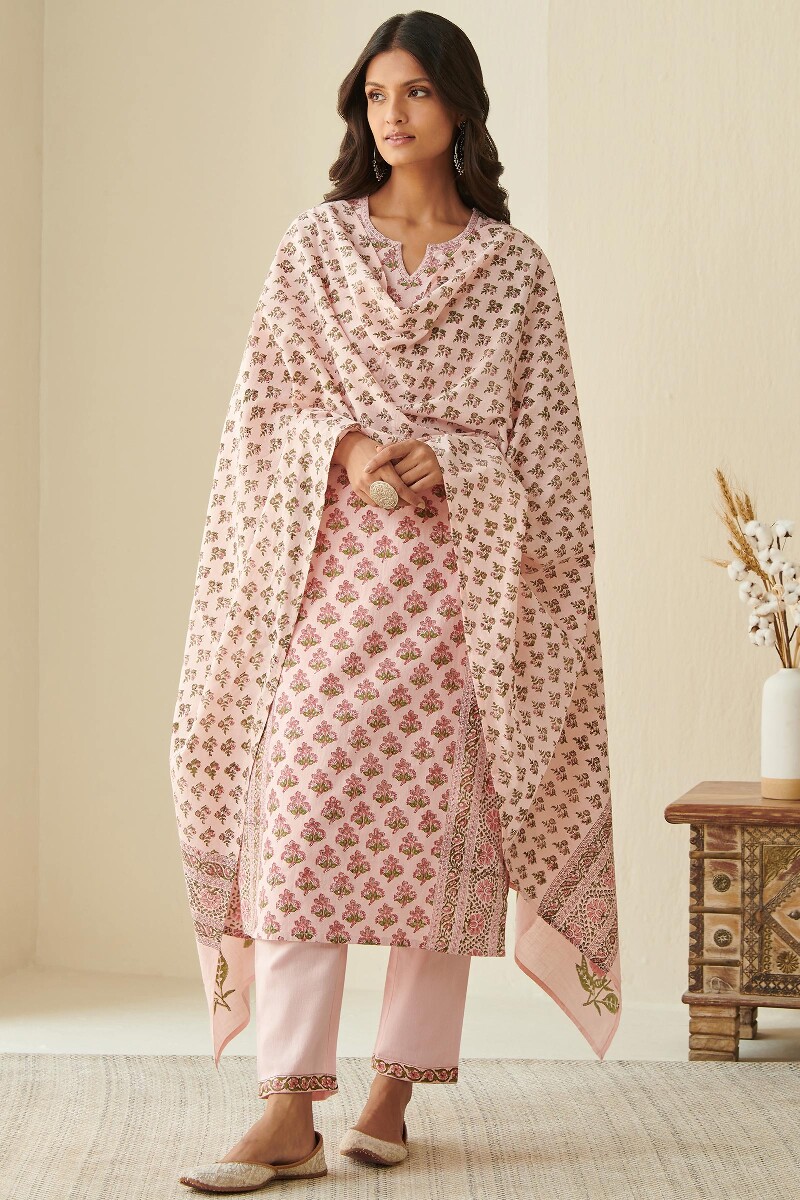 Pink Block Printed Straight Cotton Flax Kurta