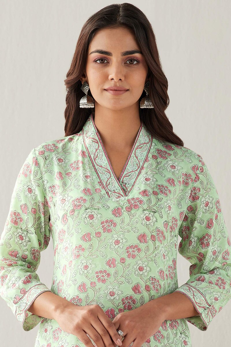 Green Hand Block Printed Straight Modal Kurta