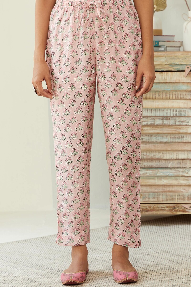 Pink Hand Block Printed Modal Narrow Pants