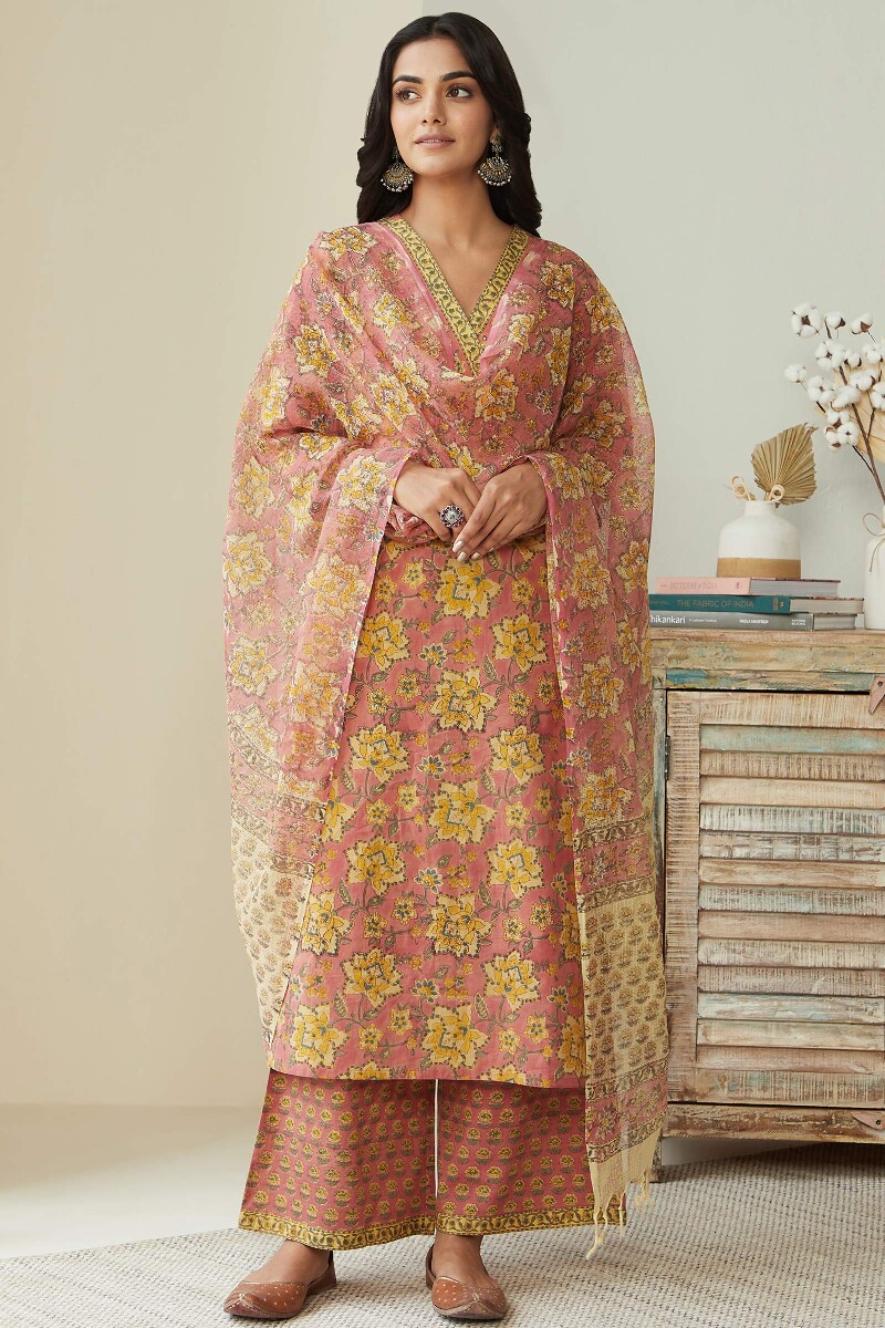 Peach Hand Block Printed Straight Cotton Kurta