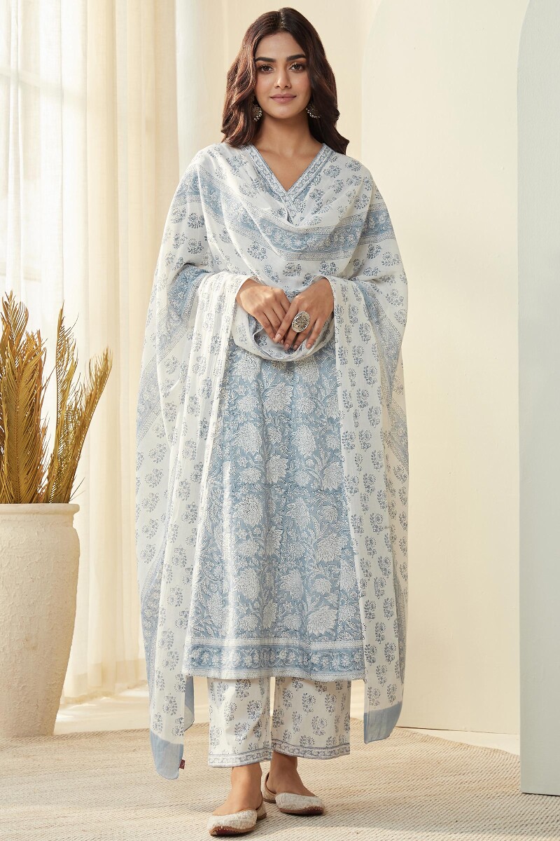 Light Blue Hand Block-Printed A-Line Kurta