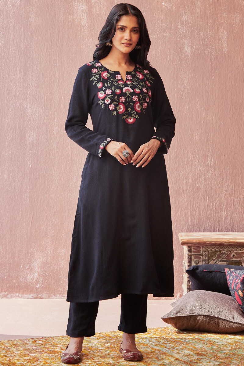 Black Handcrafted A-Line Faux Wool Kurta