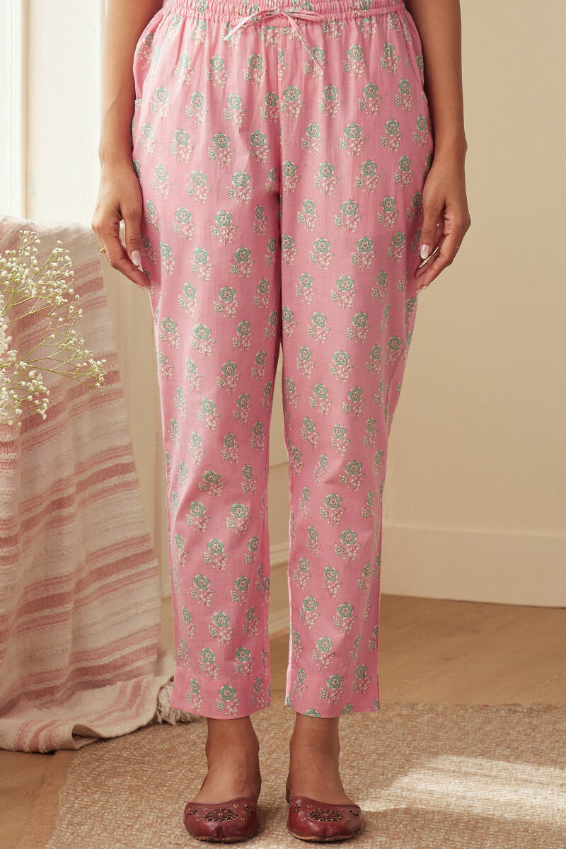 Pink Hand Printed Cotton Narrow Pants