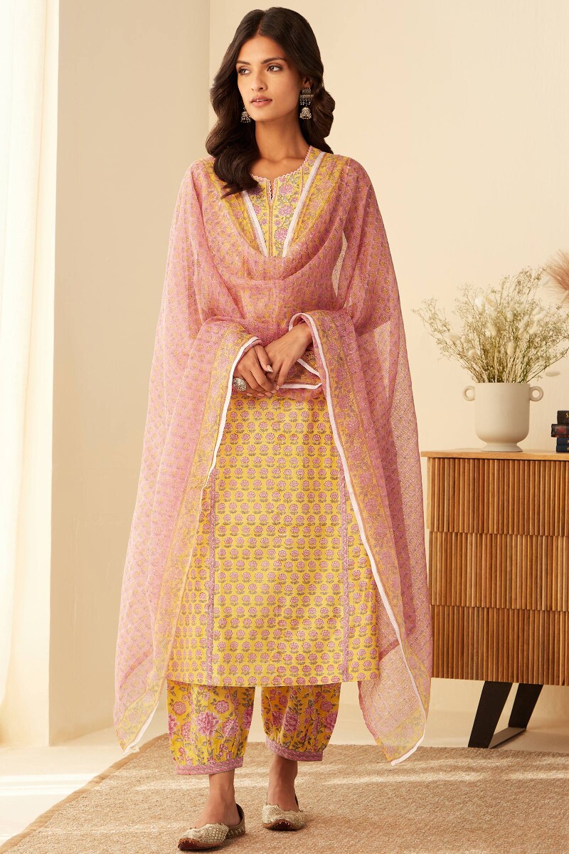 Yellow Hand Block-Printed Straight Cotton Kurta