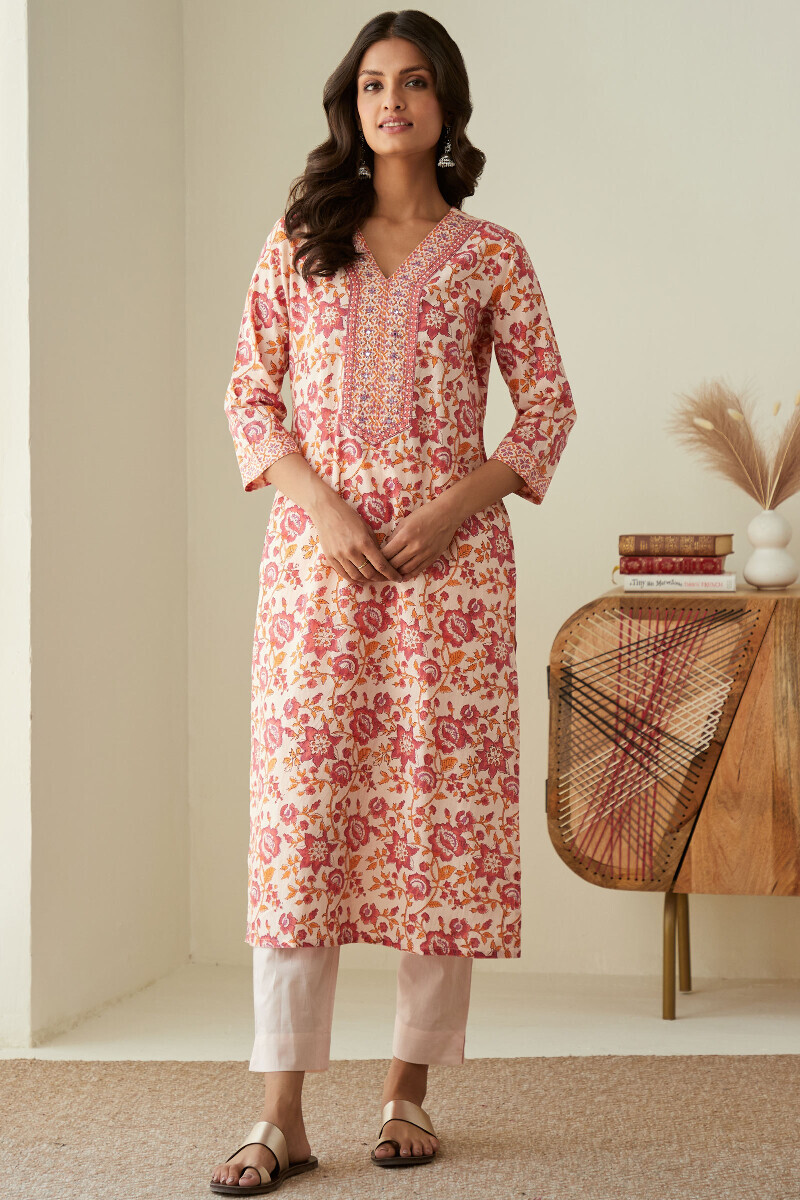 Cream Hand Block-Printed Straight Cotton Kurta