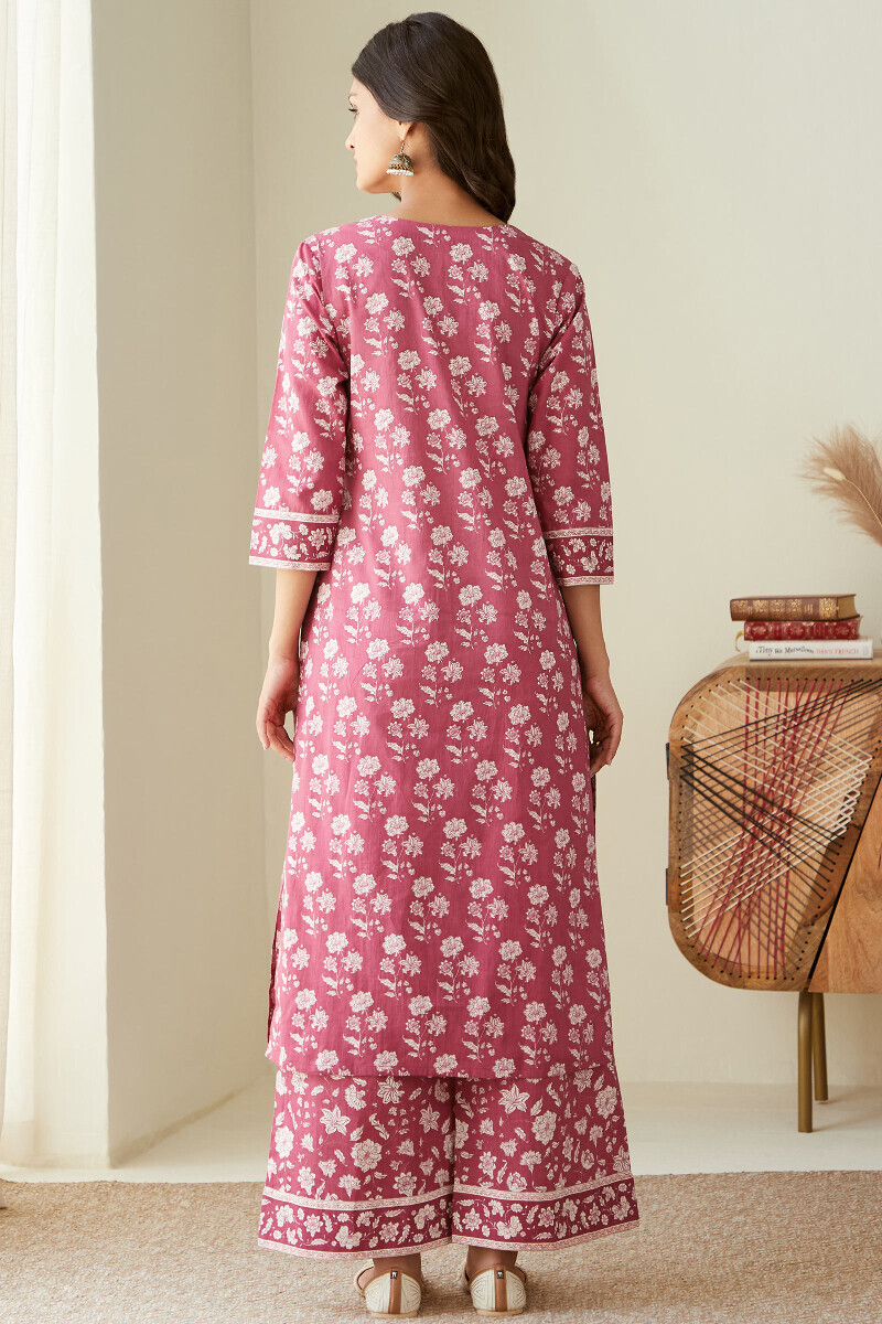 Pink Hand Printed Straight Cotton Kurta