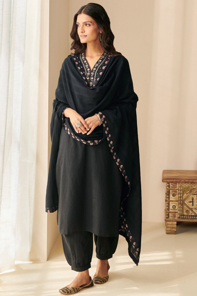 Black Hand Block Printed Straight Handloom Kurta