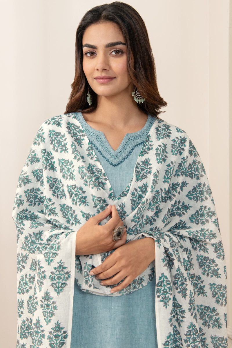 White Hand Block Printed Cotton Mul Dupatta