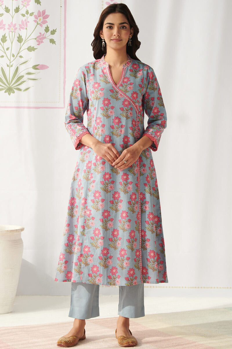 Blue Hand Printed Angrakha Cotton Kurta