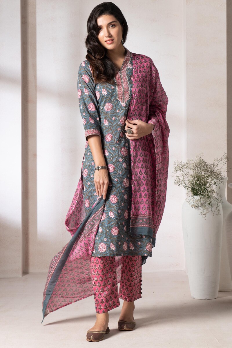 Pink Block Printed Cotton Dupatta