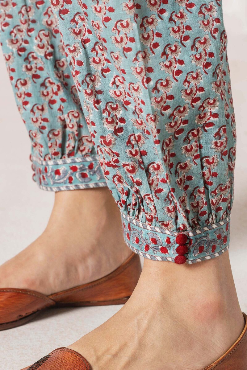 Turquoise Block Printed Cotton Izhaar Pants