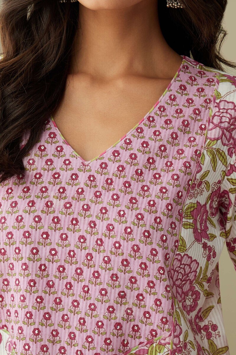 White Hand Printed Straight Cotton Dobby Kurta