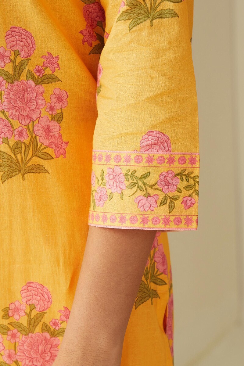 Yellow Printed Straight Cotton Kurta