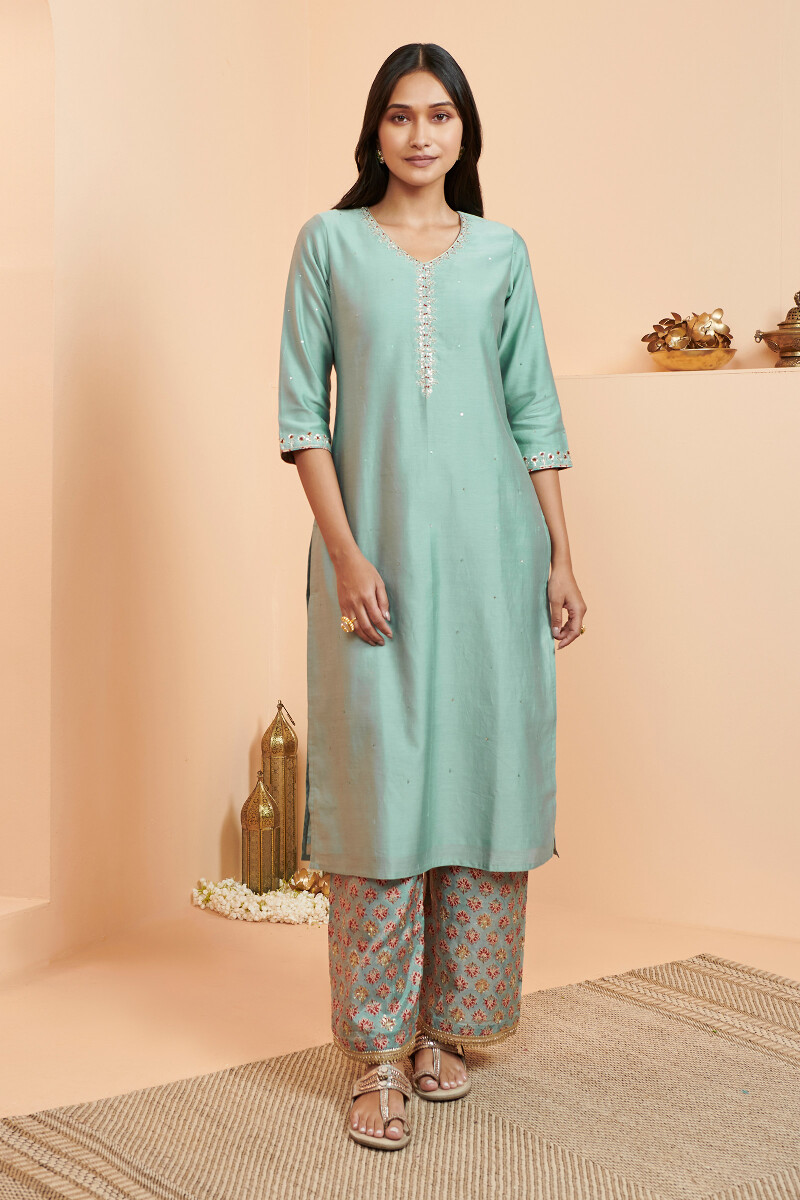 Blue Handcrafted Straight Chanderi Kurta