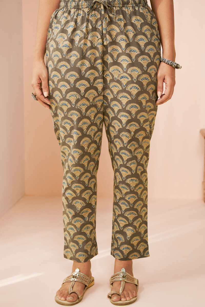 Brown Hand Block Printed Cotton Narrow Pants