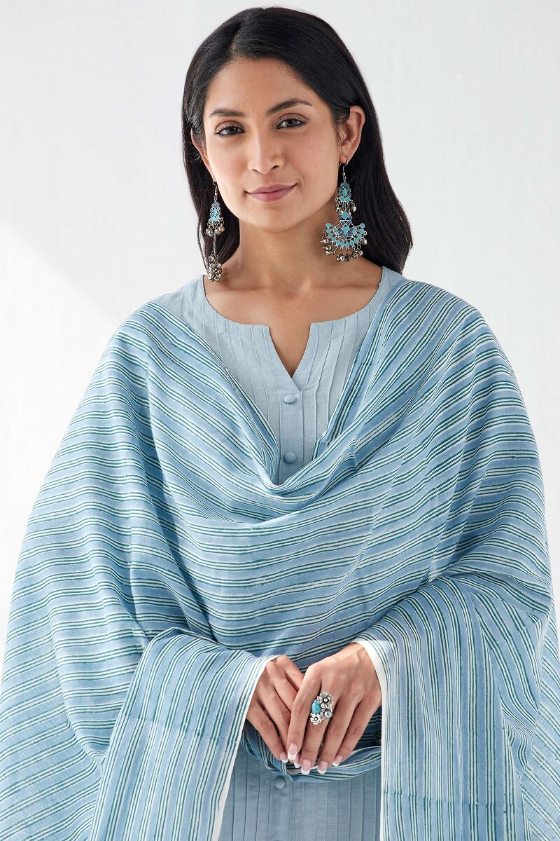 Blue Hand Block Printed Cotton Mul Dupatta