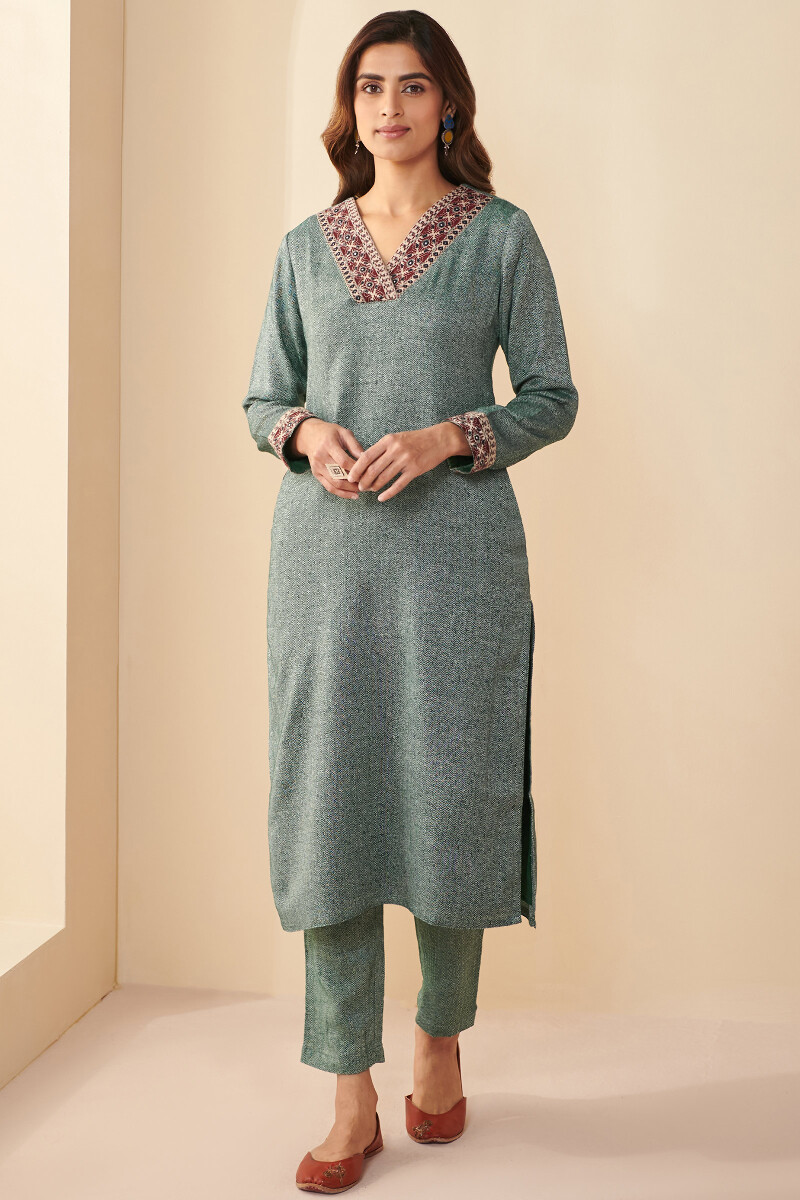 Green Handcrafted Straight Faux Wool Kurta