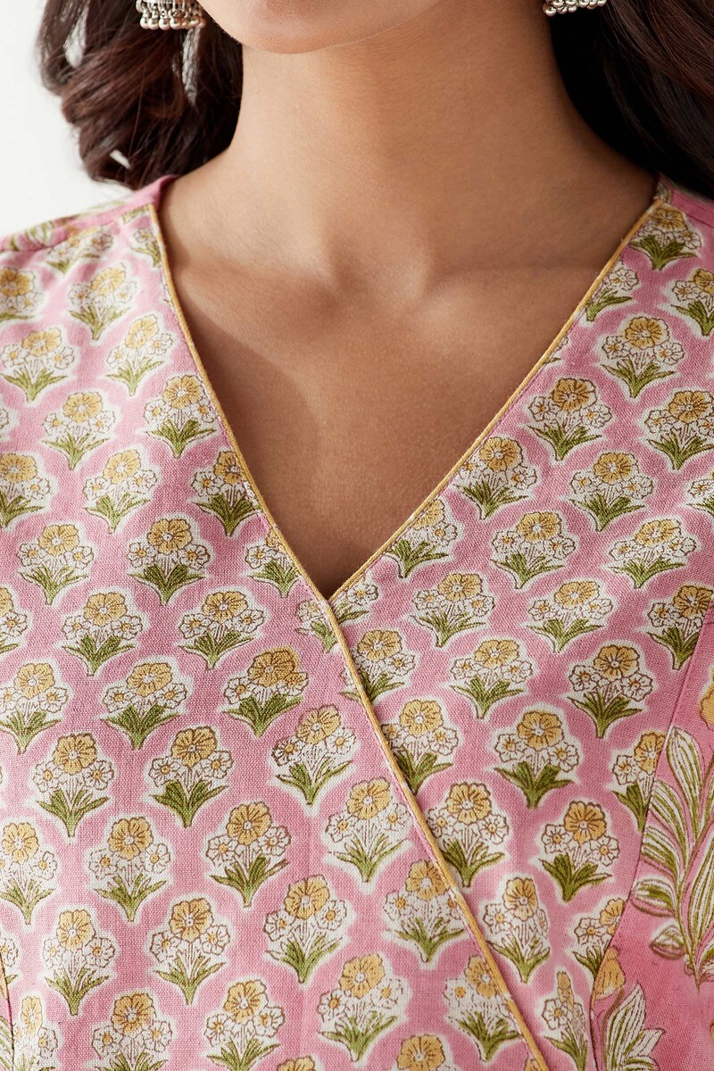 Pink Hand Block Printed Cotton Flax Kurta