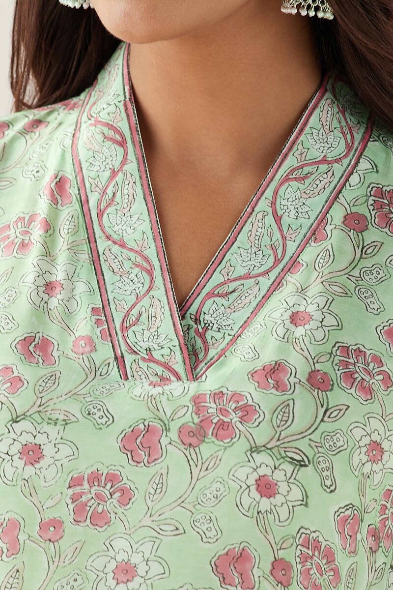 Green Hand Block Printed Straight Modal Kurta