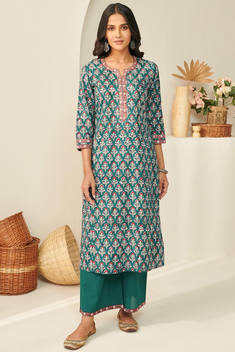 Green Hand Block Printed Straight Cotton Kurta