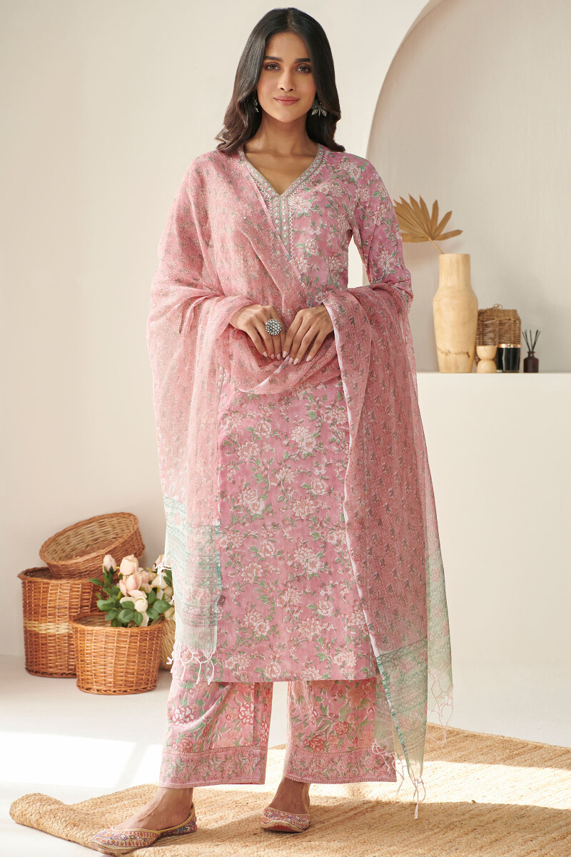 Pink Hand Block Printed Straight Cotton Kurta