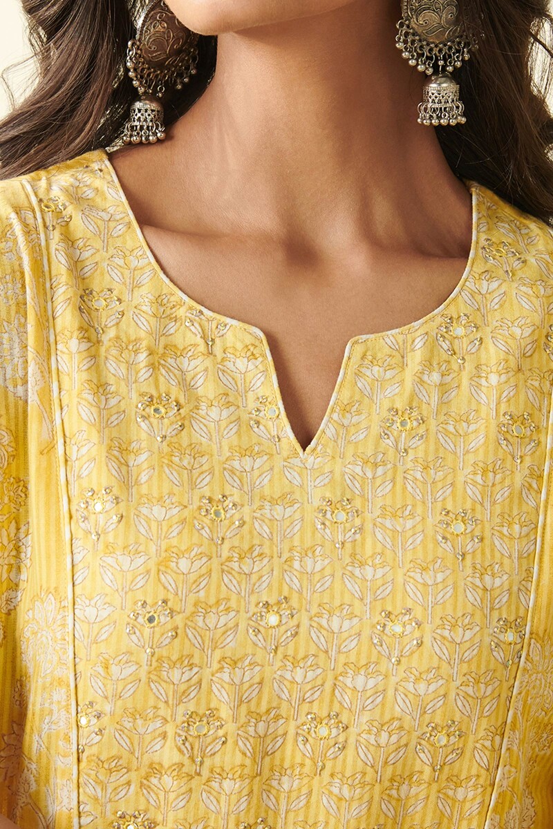 Yellow Hand Block Printed Straight Cotton Dobby Kurta